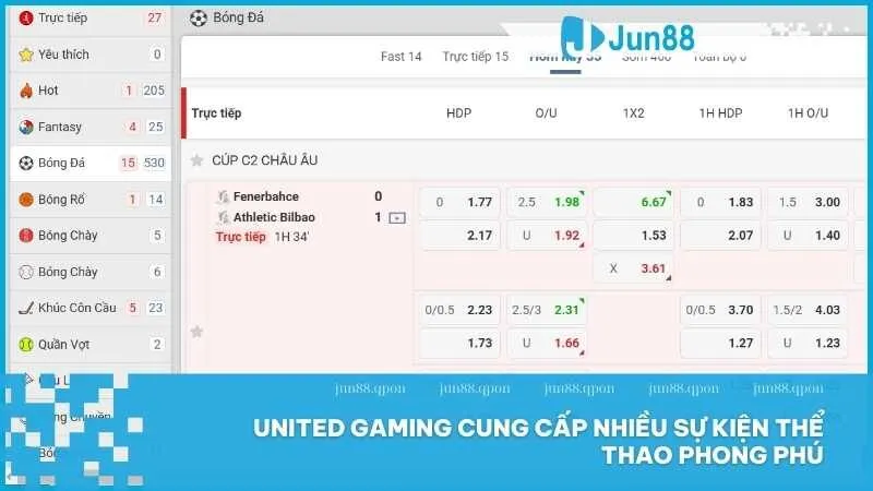 United Gaming tại Jun88 – Nền tảng cá cược hàng đầu với tỷ lệ cược minh bạch 3 United Gaming Cung cấp nhiều sự kiện thể thao phong phú