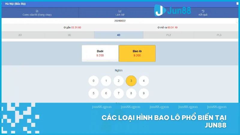 Bao Lô Jun88 là gì? Cách chơi hiệu quả và cơ hội trúng thưởng hấp dẫn 4 Jun88 cung cấp nhiều hình thức bao lô như 2D 3D 4D với giao diện chọn số đơn giản dễ thao tác